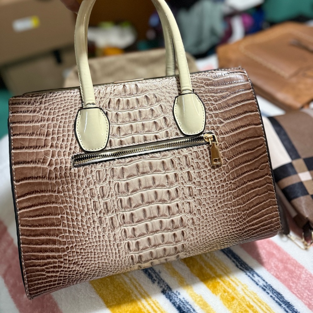 Brown and Cream Crocodile-Embossed Shoulder Bag